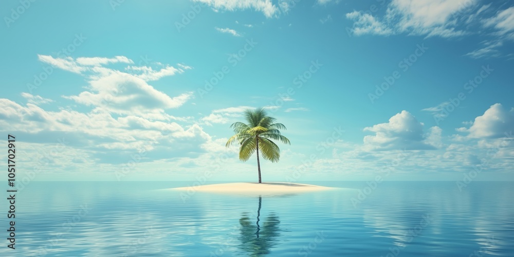 Tropical island with palm tree, serene blue waters, and fluffy clouds Tropical island with palm tree, serene blue waters, and fluffy clouds