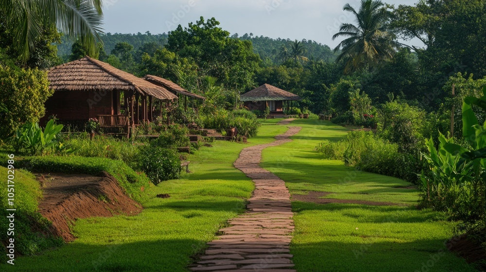 A well-kept platform nestled on a lush green farm, with a charming village road providing a picturesque backdrop, ideal for showcasing natural products.