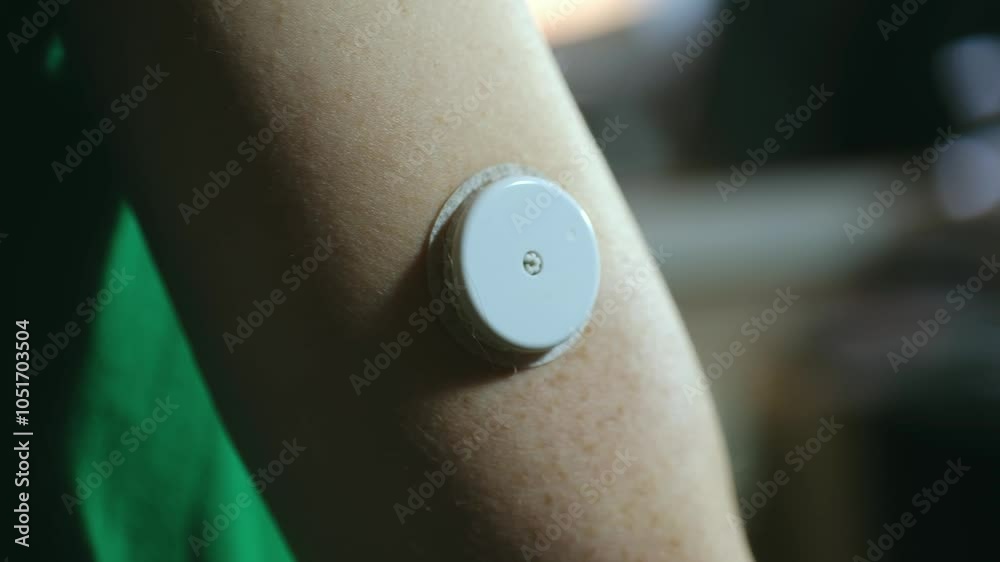 Person wearing a green shirt is scanning a continuous glucose monitor sensor with their nfc smartphone to check blood sugar levels