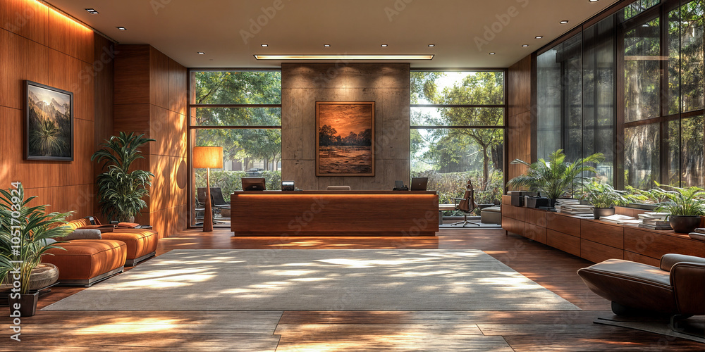 © MidJen - Bureau de travail moderne et confortable avec vue sur la végétation © MidJen - Bureau de travail moderne et confortable avec vue sur la végétation