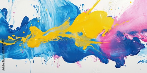 Colorful abstract paint splash with blue, yellow, pink hues photo