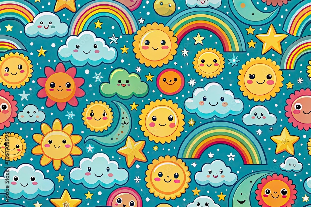 Fototapeta premium Cute Smiling Sun and Rainbow Vector Pattern - Seamless Design for Kids' Decor, Fabric, and Wallpaper with Bright Clouds and Cheerful Elements
