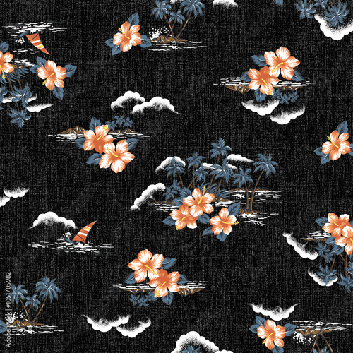 Hand-drawn coastal landscape aloha shirt pattern,