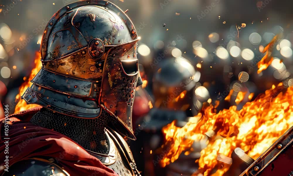 Majestic battle scene with armored knights and glowing embers Majestic battle scene with armored knights and glowing embers