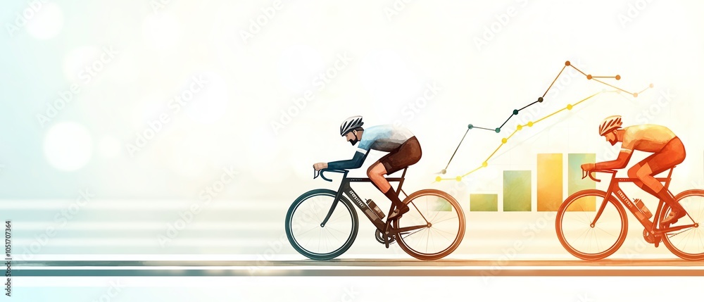 Fototapeta premium Two cyclists racing with rising graph elements, dynamic and energetic scene.