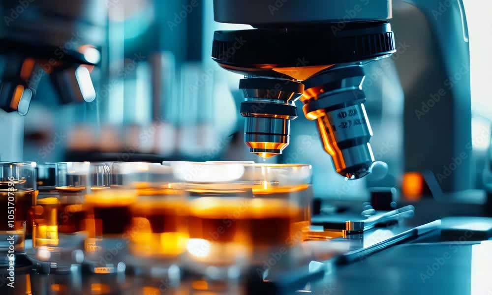 Laboratory microscope with glowing glass test tubes in research setting Laboratory microscope with glowing glass test tubes in research setting