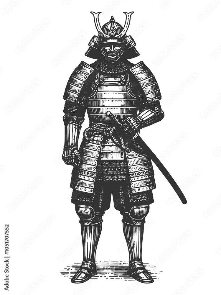 Obraz premium traditional samurai warrior wearing full armor, holding a katana, historical Japanese culture sketch engraving generative ai raster illustration. Scratch board imitation. Black and white image.