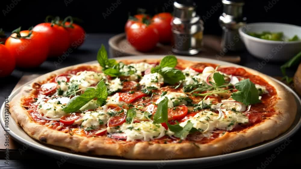 Freshly baked margherita pizza topped with basil and tomatoes Freshly baked margherita pizza topped with basil and tomatoes