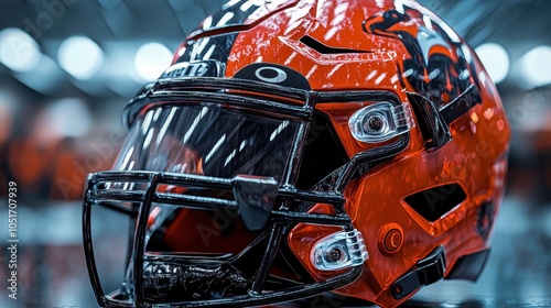 Detailed view of a football helmet with a team logo and visor reflections.