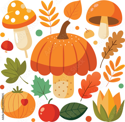 Autumn Elements. Mushrooms, Acorns, Maple Leaves, and Pumpkin on White Background. Thanksgiving Day