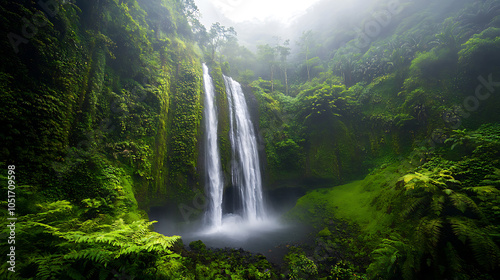 A panoramic view of a breathtaking waterfall with lush landscapes, showcasing the natural beauty and diversity of the surrounding area 