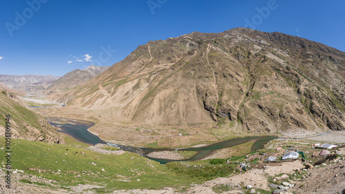 Rural mountain landscape view of Kaghan valley with Kunhar river, Balakot, Mansehra, Khyber Pakhtunkhwa, Pakistan