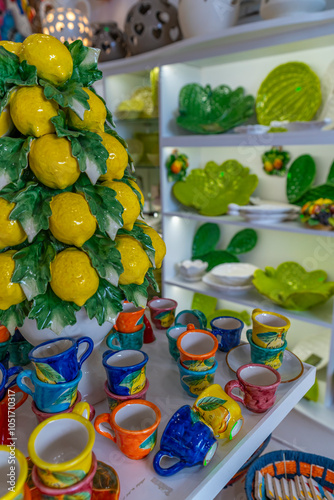 View of colourful local pottery in Forio, Forio, Island of Ischia, Campania, Italy, Europe photo