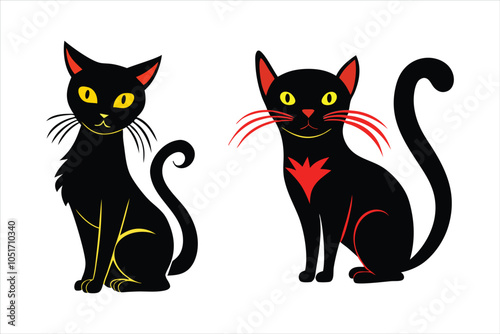 black and white cats, Cats silhouettes set isolated on whit background