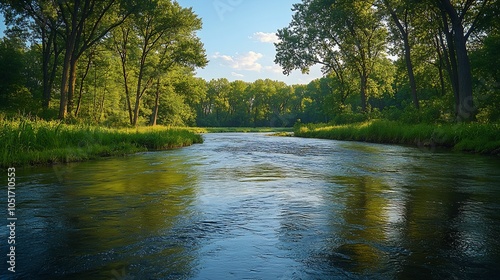 Serene river surrounded by trees with no signs of pollution symbolizing ecofriendly conservation efforts in natural environments photo