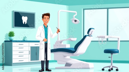 Friendly denist in a 2D dental clinic, standing beside a dental chair. Modern and inviting clinic illustration for dental care promotions. photo