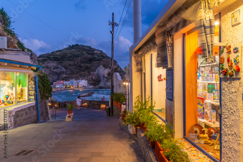 View of shops and town in Sant'Angelo at dusk, Sant'Angelo, Island of Ischia, Campania, Italy, Europe