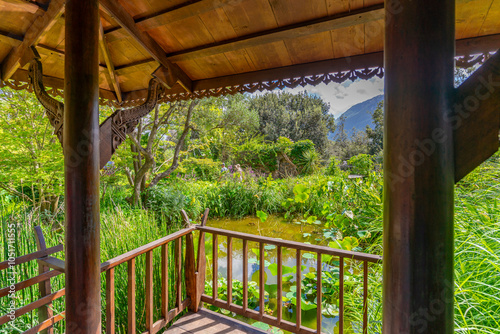 View of Sala Thai in tropical flora in Giardini la Mortella Botanical Gardens, Forio, Island of Ischia, Campania, Italy, Europe