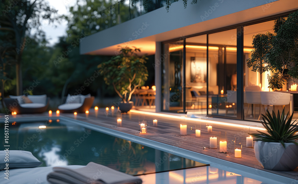 Fototapeta premium A modern luxury cozy urban patio near pool, lights on the floor.