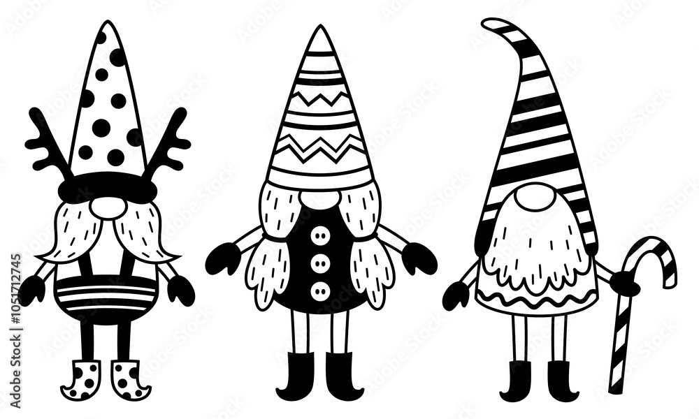Christmas gnomes clipart. Cute black and white season character. Vector illustration in flat style Christmas gnomes clipart. Cute black and white season character. Vector illustration in flat style