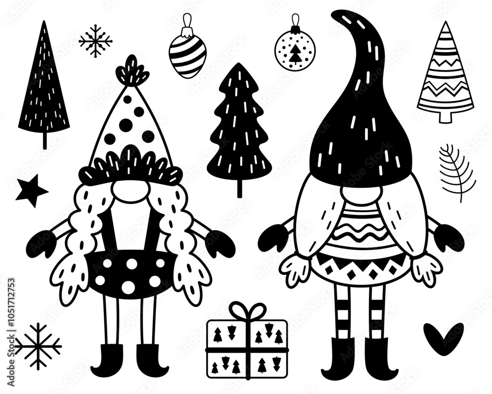 Christmas clipart set with gnomes, Christmas tree, ornaments and gift. Cute black and white festive doodle. Vector illustration in flat style Christmas clipart set with gnomes, Christmas tree, ornaments and gift. Cute black and white festive doodle. Vector illustration in flat style