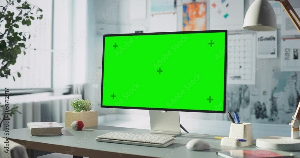 Desktop Computer With Green Chroma key Screen Is on Modern Office Desk, Engineering, Creative Projects, or Software Development Tasks, work, Home Office concept. Zoom out shot Desktop Computer With Green Chroma key Screen Is on Modern Office Desk, Engineering, Creative Projects, or Software Development Tasks, work, Home Office concept. Zoom out shot
