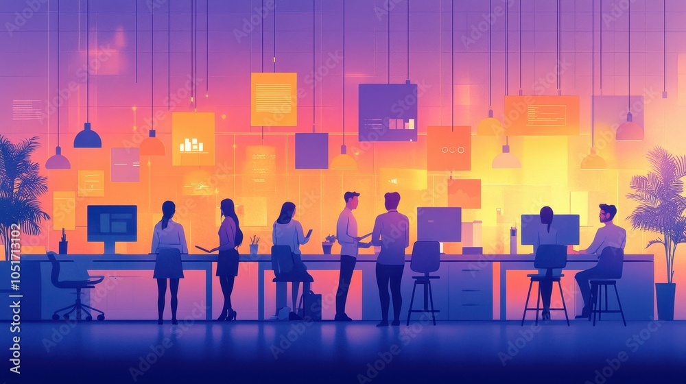 Dynamic scene of a diverse group of professionals collaborating in a modern office, showcasing teamwork and creativity in the workplace. Dynamic scene of a diverse group of professionals collaborating in a modern office, showcasing teamwork and creativity in the workplace.
