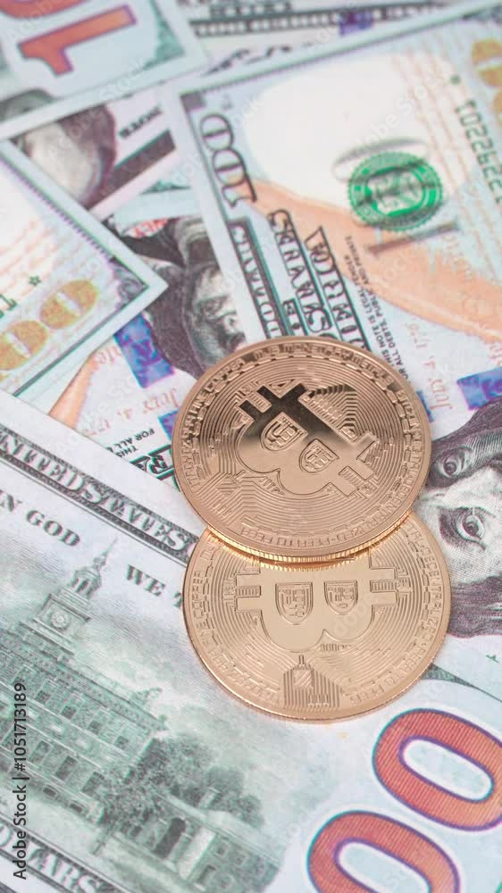 Close-up view of bitcoin coin and dollar bills. The virtual currency of the future.