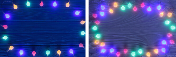christmas garland lights on blue wooden background with copy space for your text. Top view