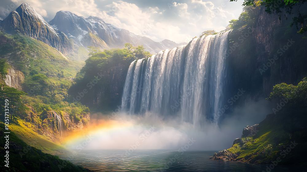 Fototapeta premium A wide-angle view of a majestic waterfall in a tropical setting, with mist rising from the base and a rainbow forming in the spray 