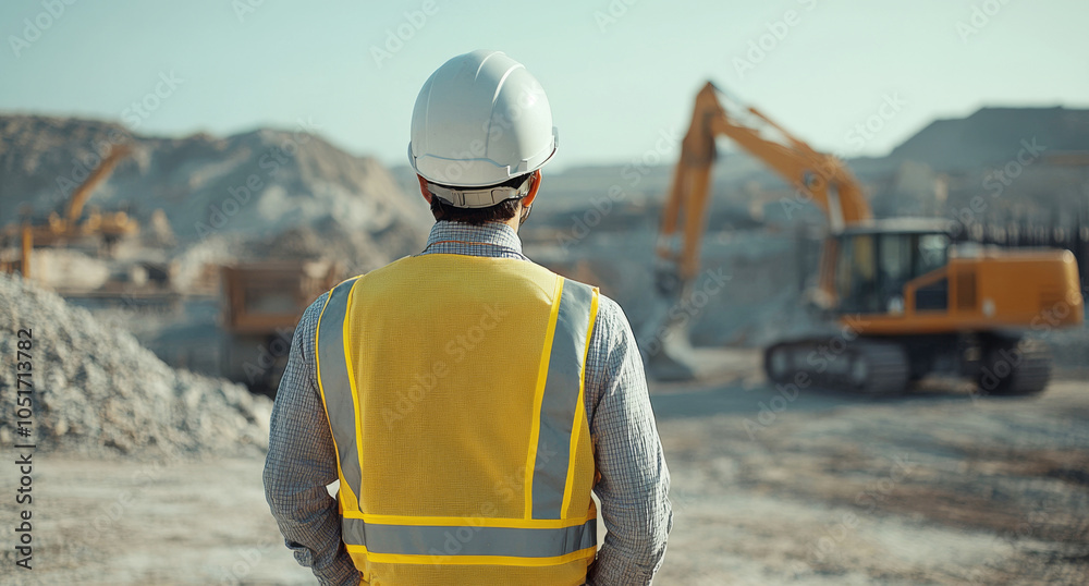 Construction manager inspecting building site on a sunny day, wearing hardhat and safety vest Construction manager inspecting building site on a sunny day, wearing hardhat and safety vest