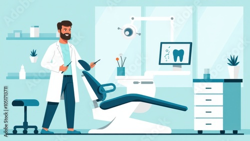 2D vector illustration of a denist in a modern clinic, holding dental tools. Professional and clean dental office setup, perfect for healthcare visuals. photo