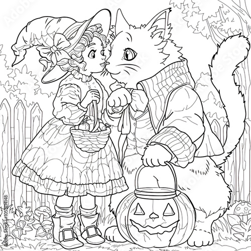 Bid cat with girl colouring page