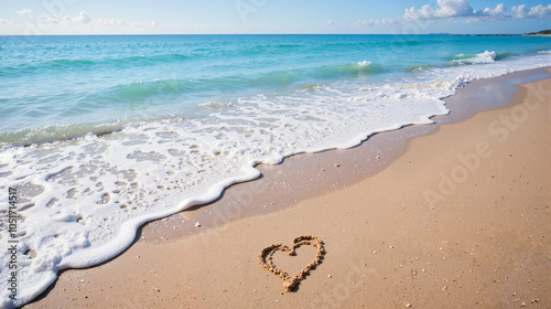 Heart drawn on sandy beach with turquoise ocean waves