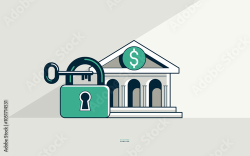 Secured banking concept poster, bank building with lock and key vector icon style illustration, safe banking operations, safe account padlock locked and private.