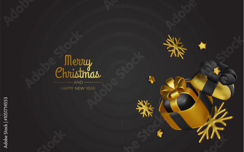 Happy New Year and Merry Christmas. Christmas holiday background with realistic 3d objects, Gift boxes, Christmas balls, snowflakes, conical metal stars.