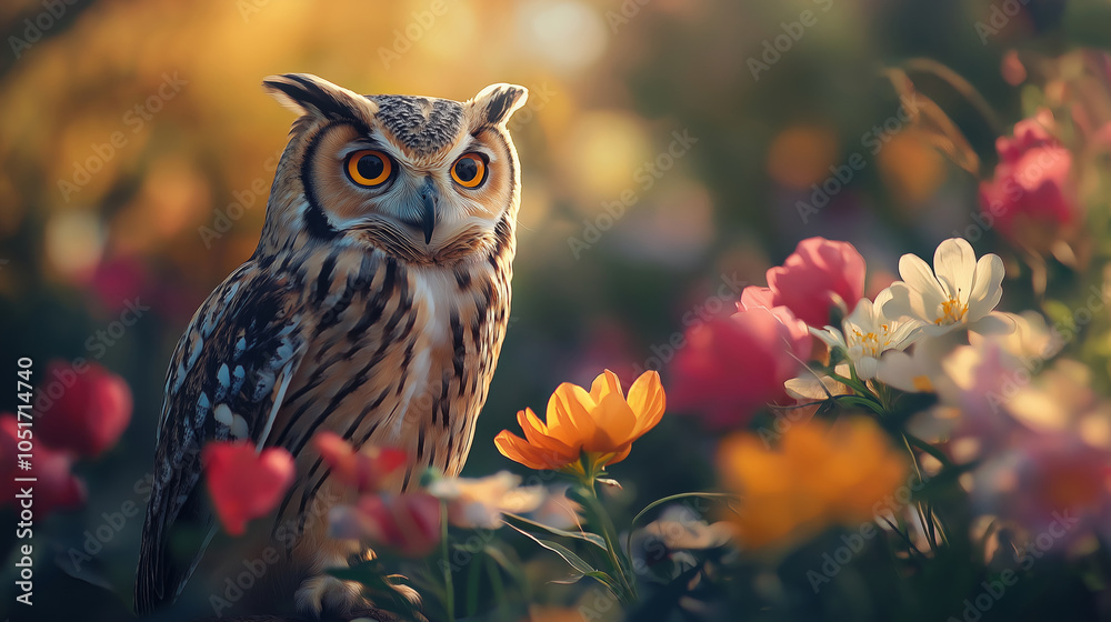 Owl in Flower Garden