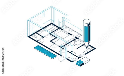Floorplan implementation drawing with pencil, flat plan residential house or apartment blueprint, 3D isometric vector illustration, interior design project top view.