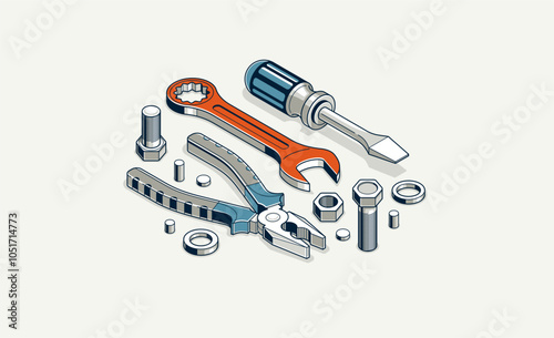Repair and maintenance concept, technics service, gears and tools in 3D isometric projection vector illustration, technical mechanical workshop.