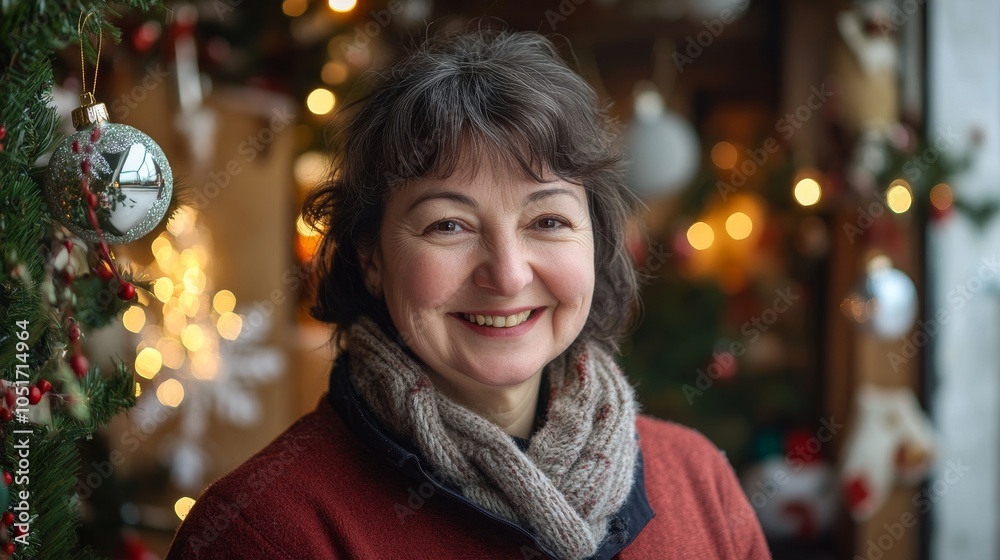Joyful Middle-aged Belgian Woman Embracing Holiday Warmth Amid Christmas Decorations and Cozy Lighting