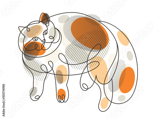 Fat and lazy cat line art vector illustration, linear drawing of pussycat relaxing, minimal outline sketch of cute domestic pet.