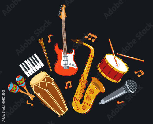 Jazz music band concept different instruments vector flat illustration on dark background, live sound festival or concert, musician different instruments set.