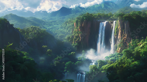 A breathtaking view of a majestic waterfall cascading down rugged cliffs surrounded by lush green rainforest 