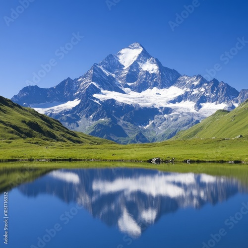 A serene mountain landscape with a reflective lake and clear blue sky.