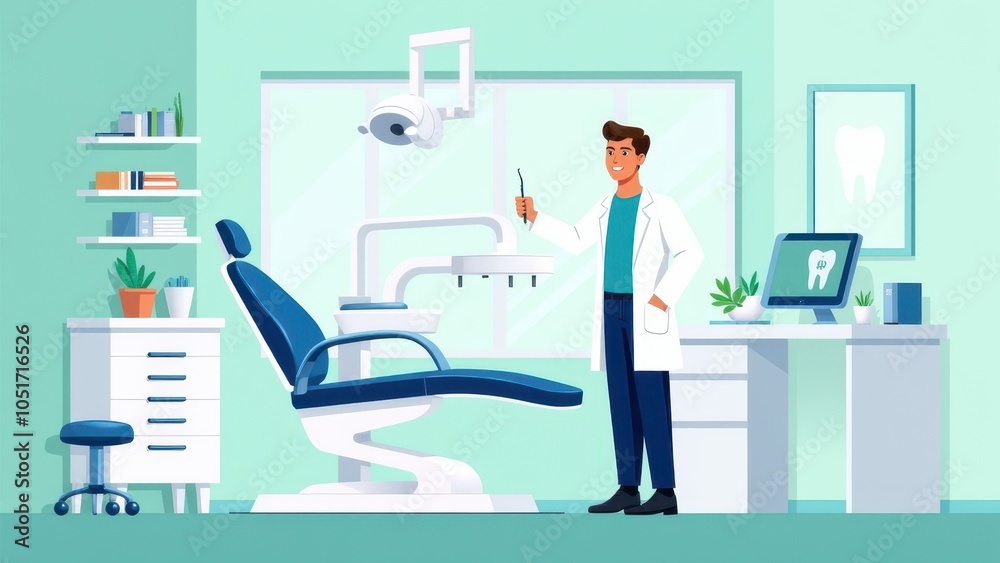 Friendly denist in a 2D dental clinic, standing beside a dental chair. Modern and inviting clinic illustration for dental care promotions. Friendly denist in a 2D dental clinic, standing beside a dental chair. Modern and inviting clinic illustration for dental care promotions.