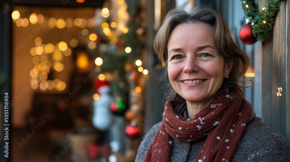Serene Middle-Aged Belgian Woman with Gentle Smile Surrounded by Christmas Decorations and Cozy Lighting Emitting Holiday Warmth Serene Middle-Aged Belgian Woman with Gentle Smile Surrounded by Christmas Decorations and Cozy Lighting Emitting Holiday Warmth