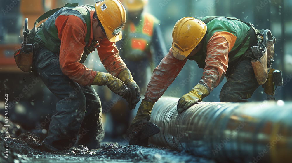 Construction workers in safety gear repairing large pipeline in muddy trench on job site during infrastructure project Construction workers in safety gear repairing large pipeline in muddy trench on job site during infrastructure project