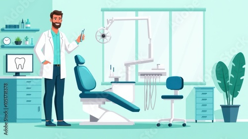 Friendly denist in a 2D dental clinic, standing beside a dental chair. Modern and inviting clinic illustration for dental care promotions. photo