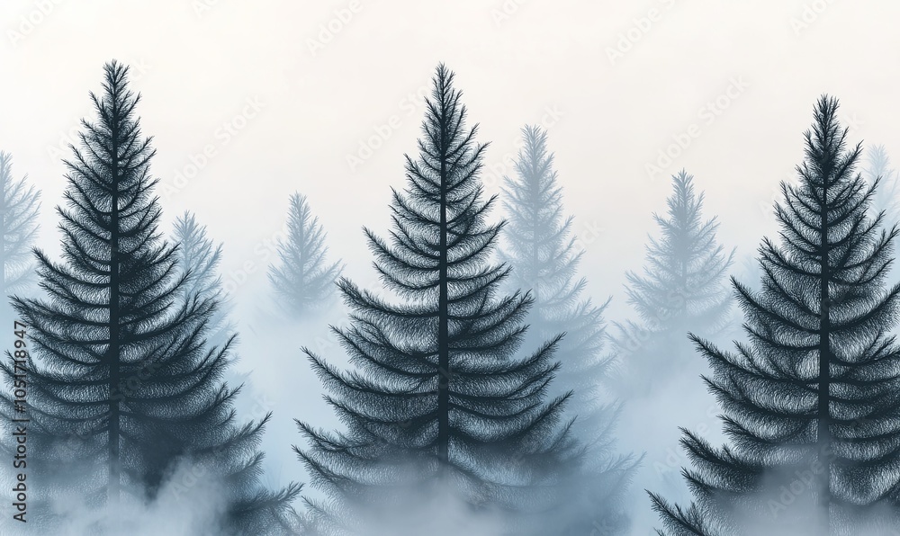 Obraz premium A misty forest with tall pine trees reaching towards a hazy sky.