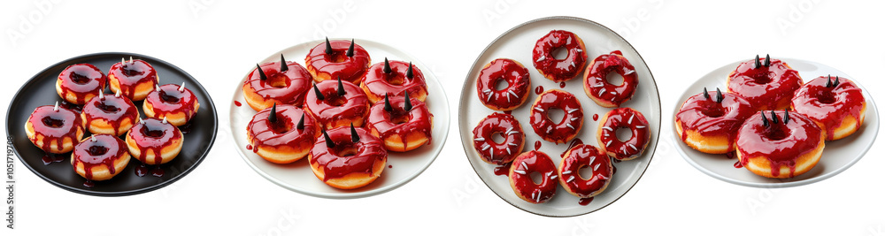 A set of vampire-themed donuts on plates, dripping with red glaze to resemble blood, each topped with edible fangs for a spooky Halloween treat cut out isolated transparent PNG A set of vampire-themed donuts on plates, dripping with red glaze to resemble blood, each topped with edible fangs for a spooky Halloween treat cut out isolated transparent PNG